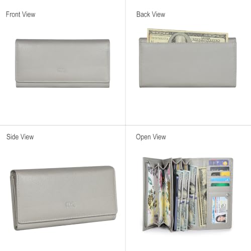 Image of Women's Top Grain Leather Wallet, RFID Blocking Bifold clutch, 17 Card Slots, Zip Pocket Organizer, Elegant Gift for Women - Birthday, Valentine, Anniversary - ICE GREY