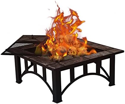 Grand Patio Fire Pits for Outside 35'' Wood Burning Square Marble Tile Tabletop Fire Tables for Patio Bonfire,Camping,Outdoor Heating, with Spark Screen and Poker