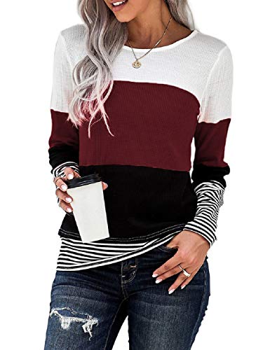 SEBOWEL Camisa Mujer de Manga Larga a Rayas Suelta Básica Elegante Blusa Superior Color Block Pullover Camisa de Manga Larga Cuello Redondo (XXL, Rojo Vino) Cover