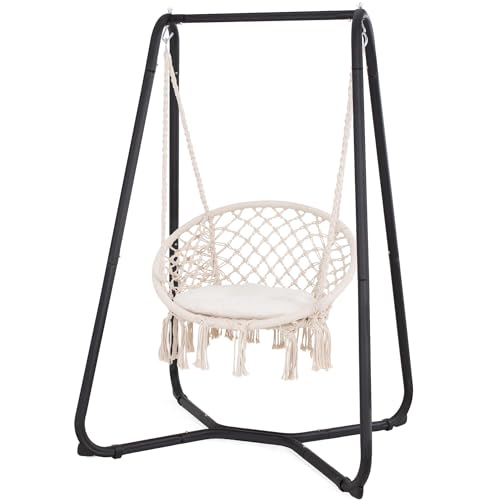 SUNCREAT Patio Swing Chair with Stand and Cushion, Heavy Duty Hanging Chair with Stand for Bedroom, 330 lbs Capacity, Patent Pending, Beige - Thumbnail 4