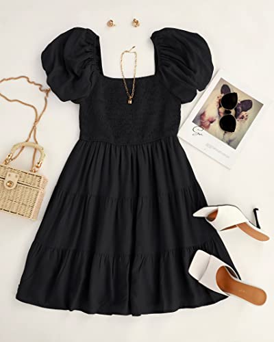 Zesica Women's 2023 Boho Summer Square Neck Puff Sleeve Off Shoulder Smocked Tiered Casual A Line Short Mini Dress,Black,Large #TOP7