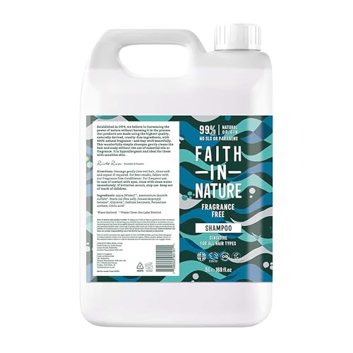 Faith In Nature Natural Fragrance Free Shampoo Sensitive Vegan and Cruelty Free No SLS or Parabens For All Hair Type 5L Refill Pack