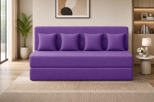 Image of Los Angeles Foldable Four Seater Sofa Cum Bed, Sofa Bed 6 X 6 Feet Jute Fabric Washable Cover- Including Cushion Perfect for Living Room - Purple Color