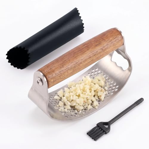 Presse Ail Inox avec Manche Ergonomique en Bois, 2-en-1 Ecrase Ail et Décapsuleur, Inclus Éplucheur Silicone, Brosse de Nettoyage pour Hacher Facilement...