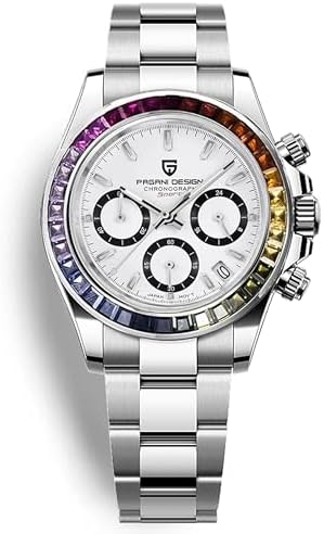 Pagani Design PD1644 Men’s Quartz Chronograph Watch VK63 Movement, Sapphire Crystal, Rainbow Bezel, Stainless Steel, 100M Water Resistant Sports Wristwatch