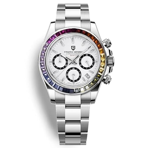 Pagani Design PD1644 Men’s Quartz Chronograph Watch VK63 Movement, Sapphire Crystal, Rainbow Bezel, Stainless Steel, 100M Water Resistant Sports Wristwatch