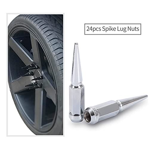 M14x1.5 Lug Nuts 14x1.5 Spike Lug Nuts M14 x 1.5 Spiked Lug Nut Chrome Set of 24 with 2 Socket Keys 19mm Hex 4.4\" Tall 14mmx1.5 Bullet Lug Nuts Wheel Nuts