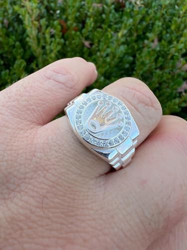 Rolex Crown Ring for Men – Solid 925 Sterling Silver – Iced Out with 0.3ct CZ Stones – Hip Hop Statement Ring – Luxury Jewelry Inspired by Rollie Watch Style – 15mm Face – Heavy 8-9g Ring4