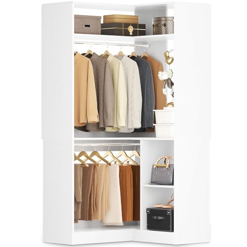 Aheaplus Corner Closet System with Shelves 34 Closet Organizer System with Hanging Rods Wood Walk in Closets for Corner Small SpaceFreestanding Corner Tower L Shaped Garment Rack White