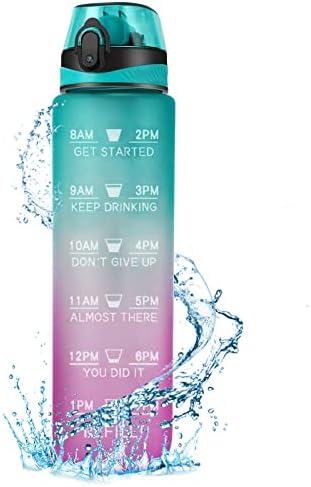 Binudum Water Bottle 1L BPA Free Tritan Sport Drink Bottle Motivational Water Bottle with Straw Leakproof Non-Toxic for Gym, Outdoors, Cycling, School & Office (Green Purple)