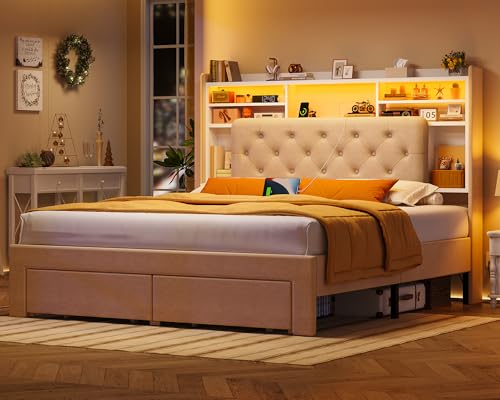 Image of TEENFON Queen Bed Frame with Headboard and 2 Drawers Storage, Bed Frame Queen Size Built in LED Lights and Charging Station, Sturdy & Noise-Free Upholstered Platform Metal Bed, Beige