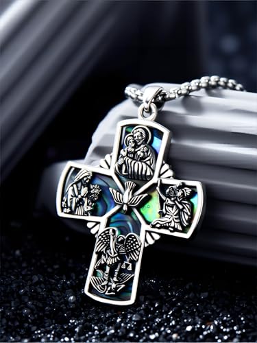 Patron Saint Necklace S925 Sterling Silver Four Way Cross Necklace St Michael/St Christopher/St Benedict/St Joseph/St Francis Pendant, Religious Protection Necklace for Men Women Birthday Father's Day Anniversary2