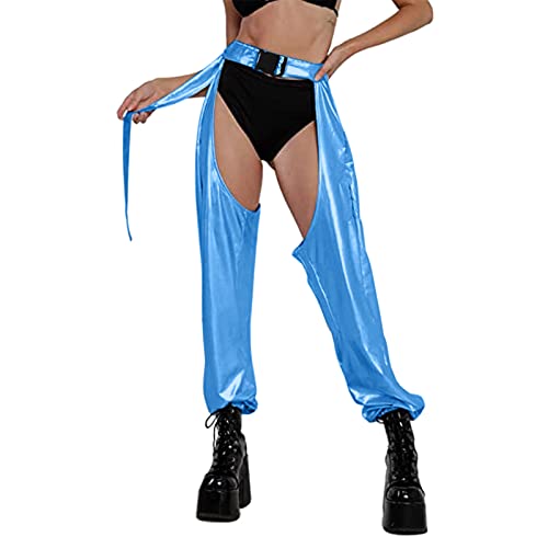 Hatop Women Sexy Long Chaps Pant See Through Elastic High Wasit Buckles Jogger Perspective Crotch Pants Blue
