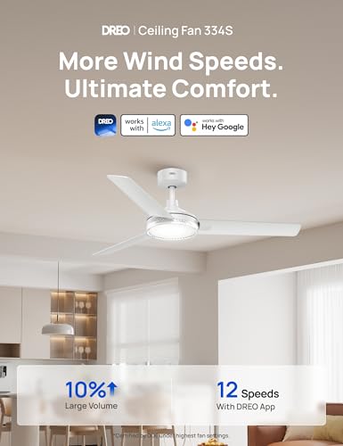 Image of DREO Smart Ceiling Fans with Lights, 52 Inch White Ceiling Fan, 12 Speeds & 3 Fan Modes, Stepless Color Tones, Dimmable LED Light, 1-12H Timer, Quiet DC Motor, Remote /APP /Alexa /Wall Switch Control