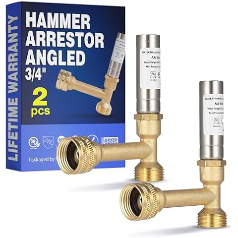 New Age America® 2pcs Angle 3/4" Hammer Arrestors AquaFlow 360™ | Washing Machine Water Hammer Arrestor | 3/4" Male GHT & 3/4" Swivel Female GHT | 304 Stainless Steel & Lead-Free Brass Hammer Arrestor Cover