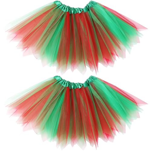 Haysandy 2 Pieces Women Tutu Skirt Halloween 80's Elastic 3 Layered Tulle Tutu Ballet Teen Adult Dress Christmas Costume(Red, Green)