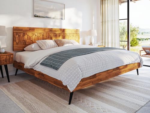 Image of Bme Georgina Signature Bed Frame with Handcrafted Geometric Headboard, Mid Century Modern, Solid Acacia Wood, No Box Spring Needed, 12 Strong Wood Slats Support, Easy Assembly, Teak Brown, King