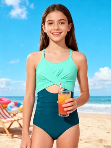 Image of Girl Swimsuit One Piece Cutout Ruched Bathing Suit for Girls Color Block Adjustable Straps Pad Swimwear 9-18y