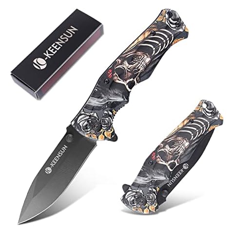 KEENSUN Pocket Folding Knife –Tactical Knife,Hunting Knife,Flipper Knife,EDC Knife.Speed Safe Spring Assisted Opening Knifes with Liner Lock,Thumb stud and Pocketclip.Good for Camping,Hiking,Indoor and Outdoor Activities,Skeleton King 3D Printing patterns. Cover