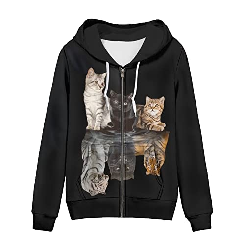 WELLFLYHOM Y2K Sweat à capuche zippé pour femme, Chat Reflection Tigre, Medium