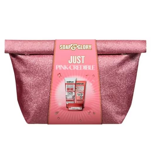 Soap & Glory Gift Set 3 Piece Collection with THE RIGHTEOUS BUTTER Body Butter SCRUB OF YOUR LIFE Body Polish CLEAN ON ME Body Wash Wash Bag
