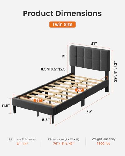 Pipishell Twin Bed Frames with 12 Thickened Legs&Fabric Upholstered Headboard,1300 Lbs Strong Weight Capacity, Adjustable Headboard, No Box Spring Needed, Easy Assembly, Underbed Storage(Solid Wooden)