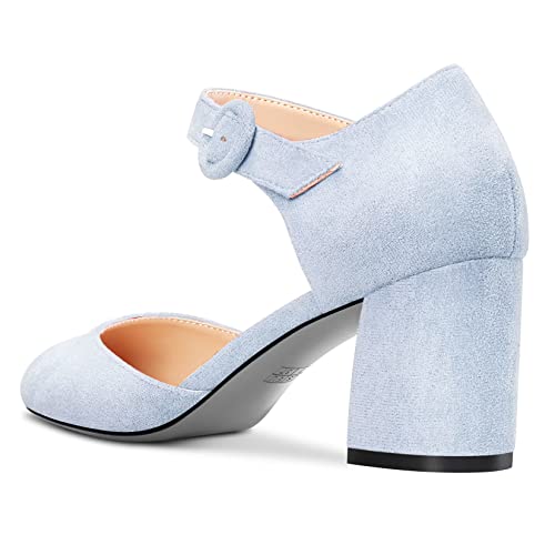 NobleOnly Women Chunky Block Mid Heel Two-Piece Buckle Round Toe Pumps Clear Cute Wedding Office Shoes 2.6 Inches Heels3