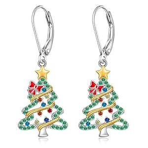 Luxury Christmas Tree Dangle Drop Leverback Earrings for Women Crystal Cubic Zirconia Cute Enamel Bow Knot Ribbon Star Dangling Huggie Hoop Earring Dainty Jewelry Gifts Xmas Festival Party