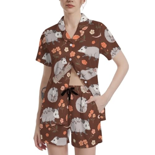 Image of Funny Pajamas for Women Set Print Satin Loungewear Pjs Short Sleeve Button Down Top and Shorts Sets Sleepwear XS-3XL