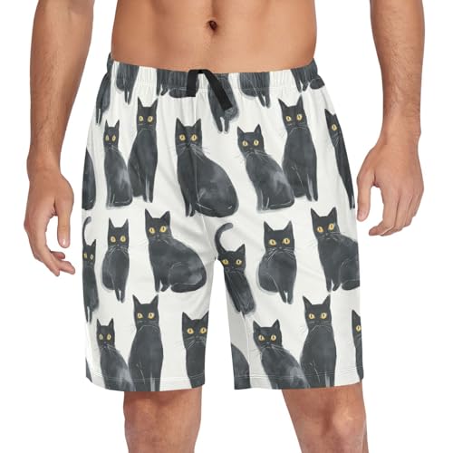 Men's Pajama Shorts Black Cat Animal Sleep Shorts for Men Pj Bottom Lounge Pants with Pockets
