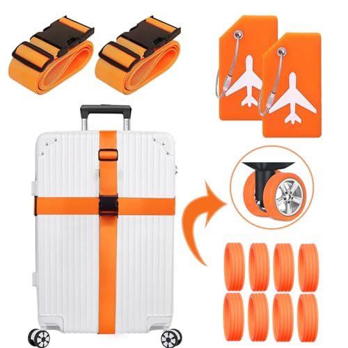 Image of Luggage Accessory Set 8 Pack Luggage Suitcase Wheels Cover & 2 Packsilicone Luggage Tag& 2 Pack Adjustable Suitcase Straps, Wheel caps and Straps fit Most Luggage(Orange)