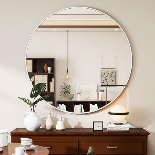 Image of Round Wall Mirror with Durable Wooden Frame - 30 inch (White) | Modern Decorative Wall Hanging Mirror for Bathroom, Bedroom, Basin, Dressing Table, Entryway & Home Interior Decor