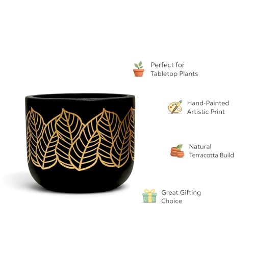Image of Urban Plant Dark Shilp Virasat Terracotta Pot with Drainage Hole (5 Inch) | Hand-Painted Black & Gold Leaf Design Clay Planter | Indoor Decorative Plant Pot for Tabletop, Living Room & Gifting