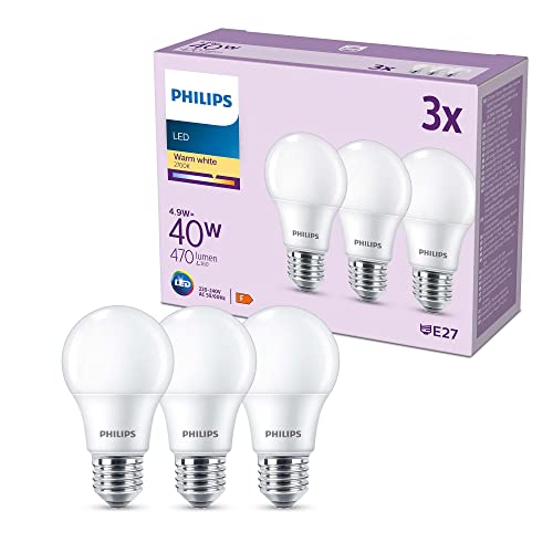 Philips   Bombilla LED estándar 4.9W (Eq. 40W) 470 lúmenes, casquillo E27,Luz Blanca Cálida (2700k)   Pack 3 bombillas Led