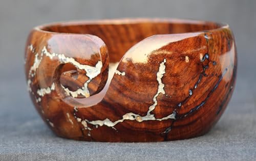Image of Handmade Wooden Yarn Bowl, Lichtenberg Figure /Wooden Large Yarn Bowl for Knitting, Yarn Bowl with Crochet Hook with Free Crochet Hook (Medium)