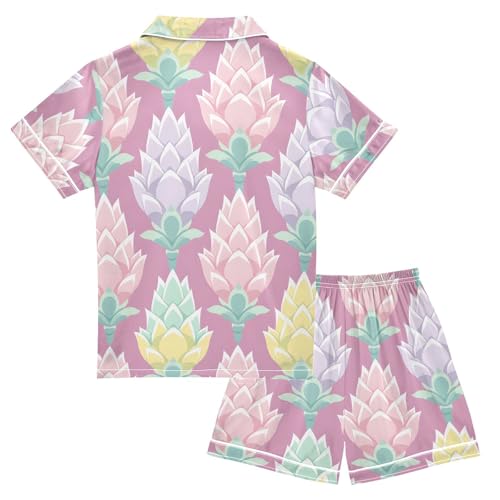 Satin Pajama Sets Short Sleeve Floral Pattern with Soft Artichoke Button Down Silky Nightwear 2 Piece PJS 5-14Y2