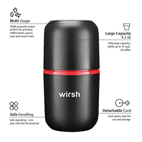 Wirsh Herb Coffee Grinder-Electric Coffee Grinder With Stainless Steel Blades, Coffee And Spice Grinder With Powerful Motor And 4.2Oz. Large Capacity For Coffee Beans,Herbs,Spices, Peanuts,Grains #TOP5