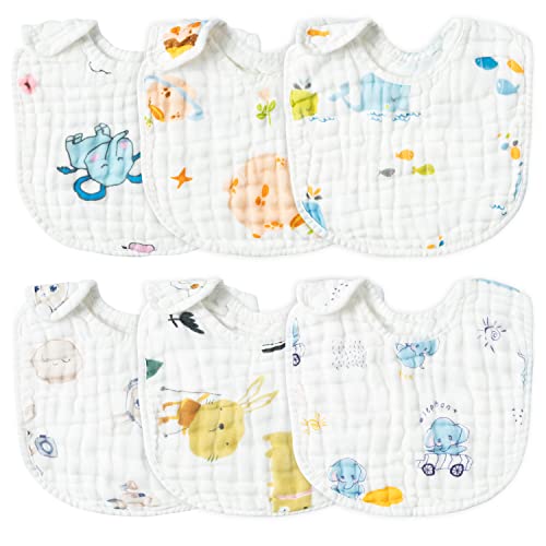 Image of Zainpe 6Pcs Snap Muslin Cotton Baby Bibs Elephant Whale Rabbit Pattern Feeding Bib Adjustable Machine Washable Unisex Burp Cloths with 6 Absorbent & Soft Layers for Boys Girls Drooling Teething Eating