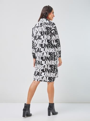 Bewakoof Women's All Over Printed Oversized Fit Full Sleeve Collared Cotton Twill Dress 603366 White L