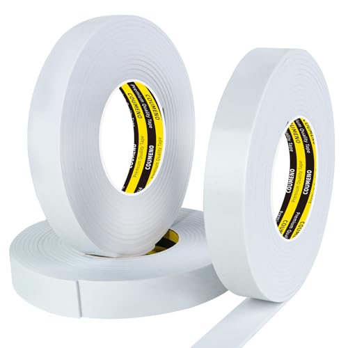Heavy Duty Double Sided Tape,White Foam Tape,3 Pack 1 in X 16.4 ft