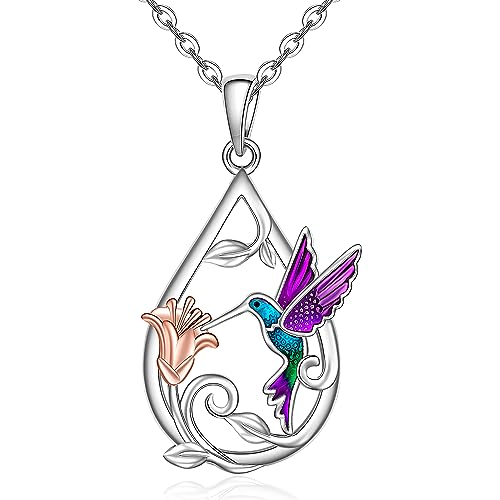 Hummingbird Necklace for Women Sterling Silver Blue Purple Hummingbird Pendant Necklace Hummingbirds Flower Jewelry Charm Memorial Christmas Mothers Day Gifts