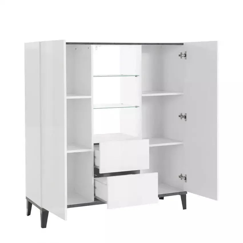 Generico Credenza, 120x40x120 cm, Bianco opaco/Bianco laccato lucido/Ardesia, Legno e vetro e metallo, Modello SUNRISE, Design Moderno Made in Italy