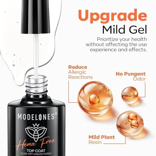modelones No Wipe Gel Top Coat and Base Coat Set, 2 Pcs Clear Glossy Hema Free Base Top Coat Gel Nail Polish Long Lasting for Winter Nail Polish, Acrylic Nails Soak Off Nail Lamp Nail Art Home Salon