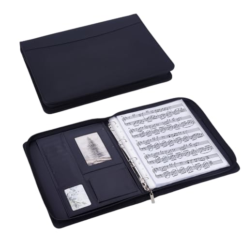 Classeur de partitions en cuir noir avec 20 pochettes zippées 33.8x25.6 cm