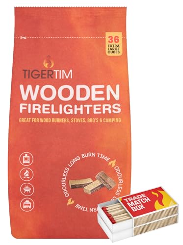 Tiger Tim Natural Wooden Firelighters with Trade Matchbox-Sustainably Sourced Wood Fire Lighters for Fire Places, Pizza Ovens, Stoves & BBQ's-Ready to Burn-36 Pieces Odourless Fire Lighter- (1 Pack)