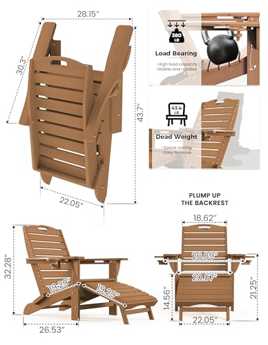 Ciokea Folding Adirondack Chair with Retractable Ottoman Fire Pit Patio Chair with Pull Out Foot Rest Weather Resistant Lawn Outdoor Lounge Chair with 2 Cup Holder (Teak)