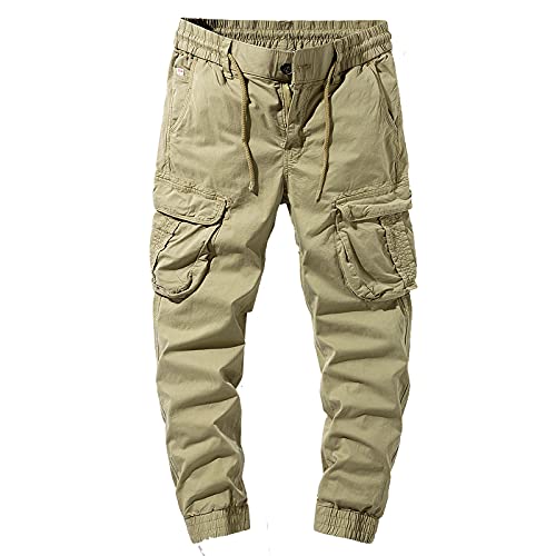 XVSSAA Men Cargo Pants with Pockets Joggers Sports Pants Sweatpants Trousers Solid Color Long Cargo Pants for Men