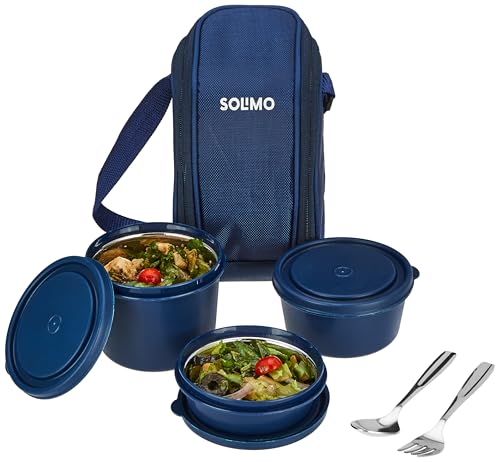 Amazon Brand - Solimo Stainless Steel Microwave Safe Lunch Box Set of 5 | 3 Containers (470ml, 330ml, 230ml) with Cutlery | 100% Food Grade | Easy to Clean | for Office, School, Travelling (Blue) (B0CYH3GCTL) Amazon Price History, Amazon Price Tracker