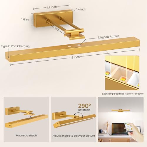 Image of PESUTEN Picture Light Battery Operated, 16in Wireless Art Light for Paintings CCT Dimmable Recharging Battery Picture Light with Remote Control for Gallery Dartboard Art Bedroom Bathroom Gold
