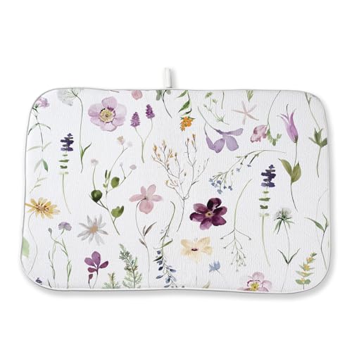 Floral Dish Drying Mats 18x24 Inch Spring Watercolor Plant Leaves Flower Drying Mats Seasonal Summer Vintage Absorbent Dish Drying Pad for Kitchen Dining Room Counter Outdoor Indoor Decorations